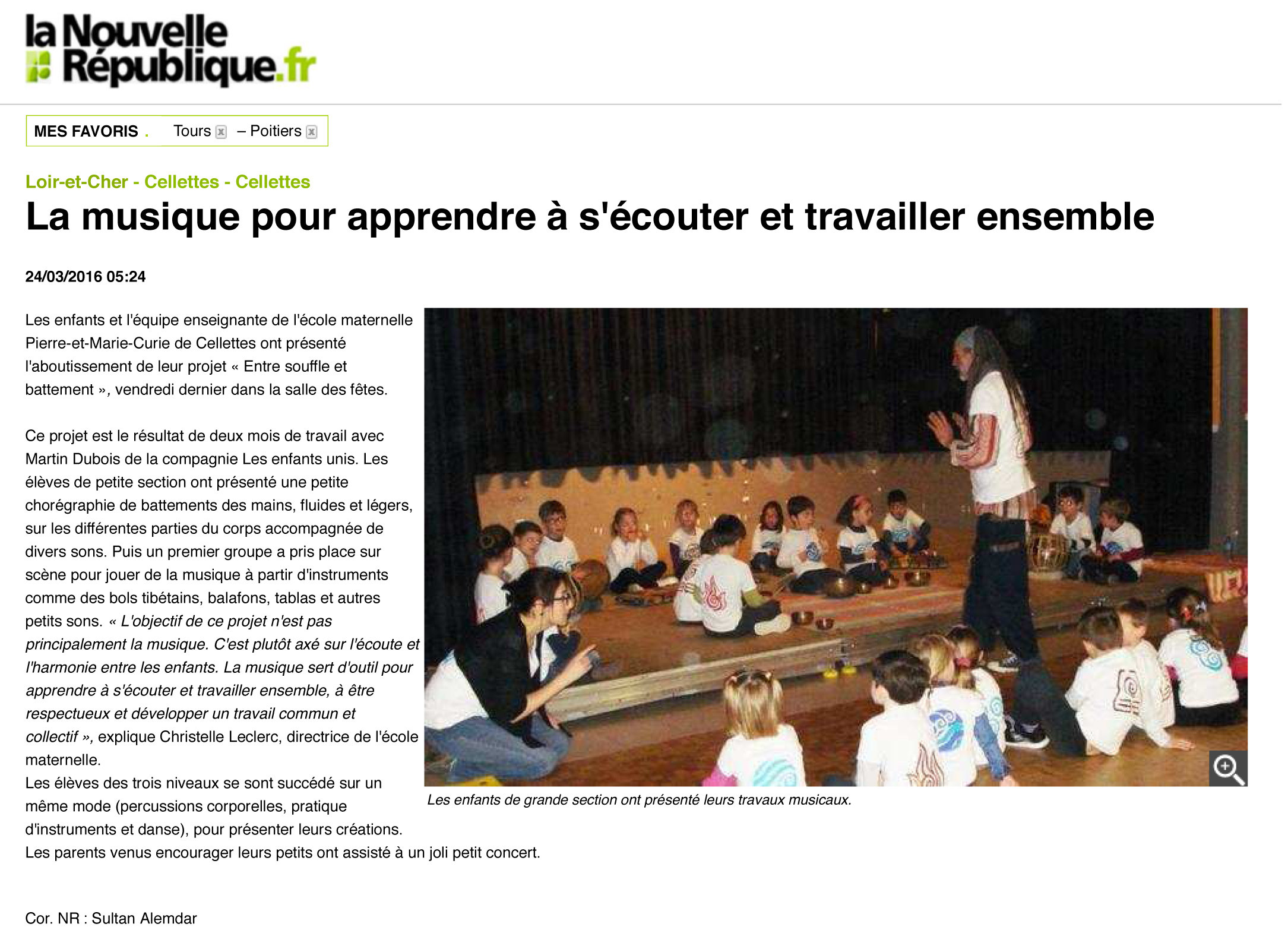 Article NR sur l’atelier « expression corporel » à la maternelle de Cellettes